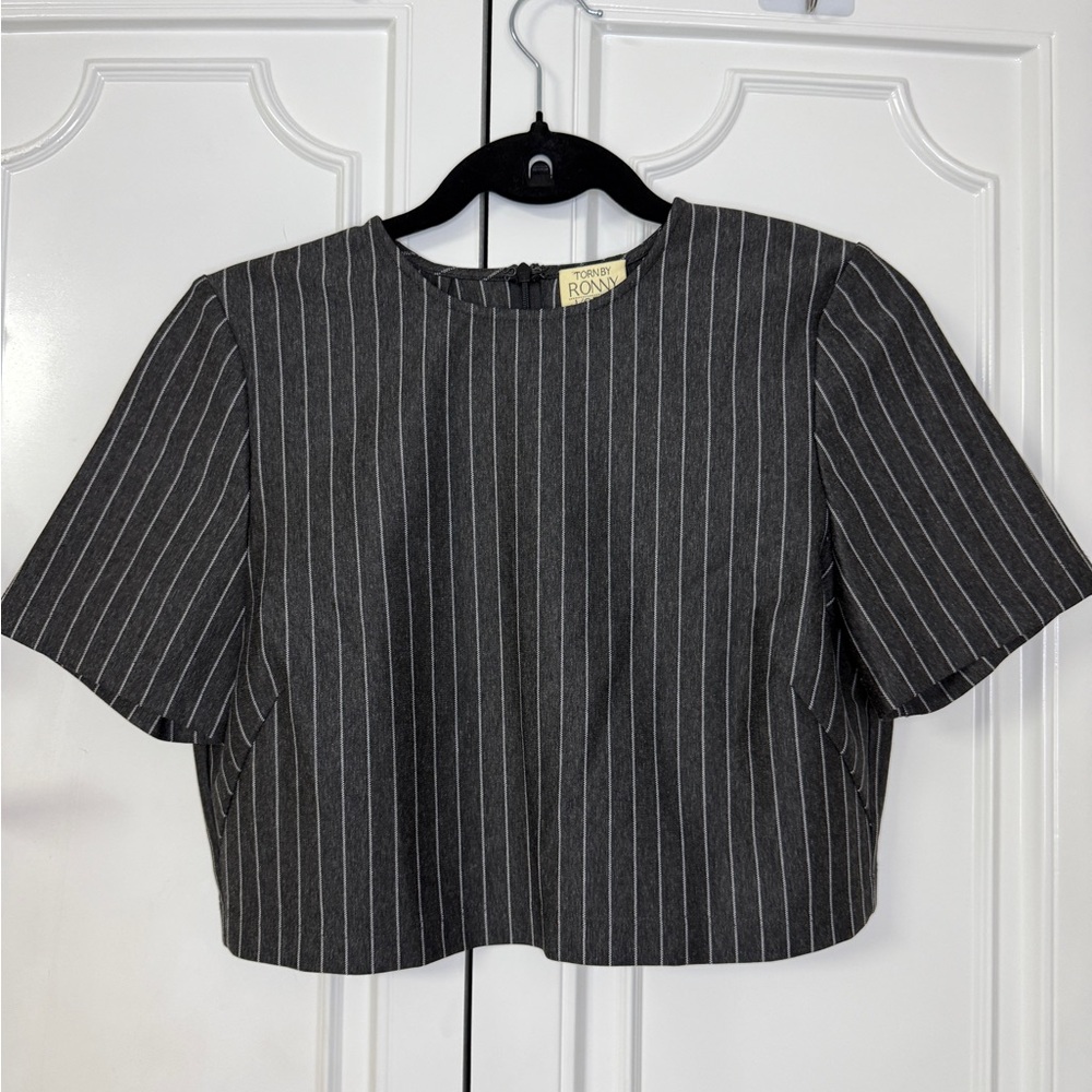 Torn by Ronny Kobo Charcoal Gray Pinstripe Cropped Top